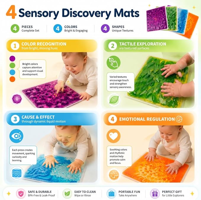 edusense 3D Liquid Motion Floor Tiles, 4 Tiles Set | Sensory Play Mats for Kids, Non-Slip Cushioned, Develops Motor Skills, Easy Store, Indoor/Outdoor Use