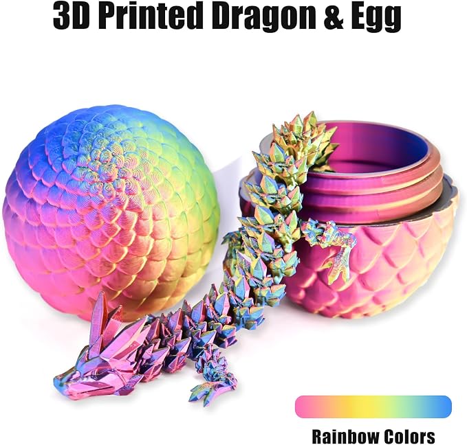 12" 3D Printed Dragon Eggs with Dragon, Articulated 3D Fidget Toys for Kids | Crystal 3D Dragon Toys for Boys Girls, 3d Printed Animals, Dino Dinosaur Eggs Toys, Easter Basket Stuffers（Red Yellow Blue）