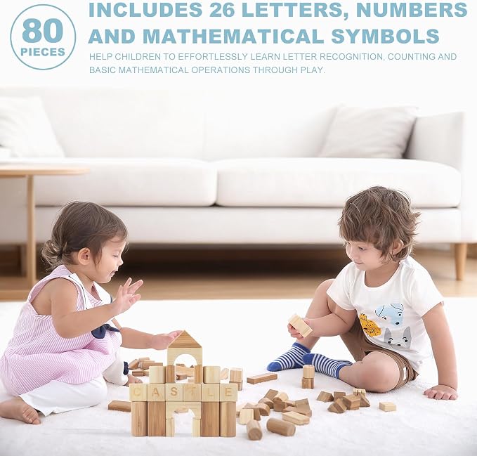 80-Piece Wooden Alphabet Building Blocks Set - Creative ABC Letters, Numbers & Shapes Blocks for Building Castles, Rockets, Robots | Educational Stacking Toys with Math Symbols for Kids Ages