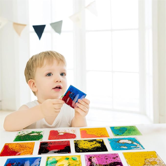 Art3d Square Sensory Fidget Multicolor Liquid Motion Tiles, 6" x 6", 3-Pack | Lightweight, Boost Focus, Relieve Anxiety, Varied Colors & Shapes, Suitable for Kids, Toddlers