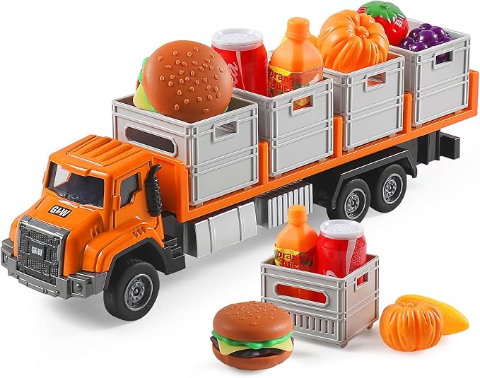 Food Transport Truck Toy for Age 3-8 Kids – Alloy Vehicles Head 1:55 Goods Trailer with Cargo Box and Food Model, Lights & Sounds (Transport Truck Orange)