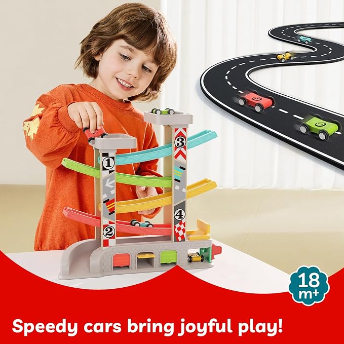 TOP BRIGHT Car Ramp Toys, Race Track Car Toy for Toddler Age 2-4 Boy | Includes 4 Cars & Parking Lot & Gas Station, Toddler Birthday Gift for Boys and Girls