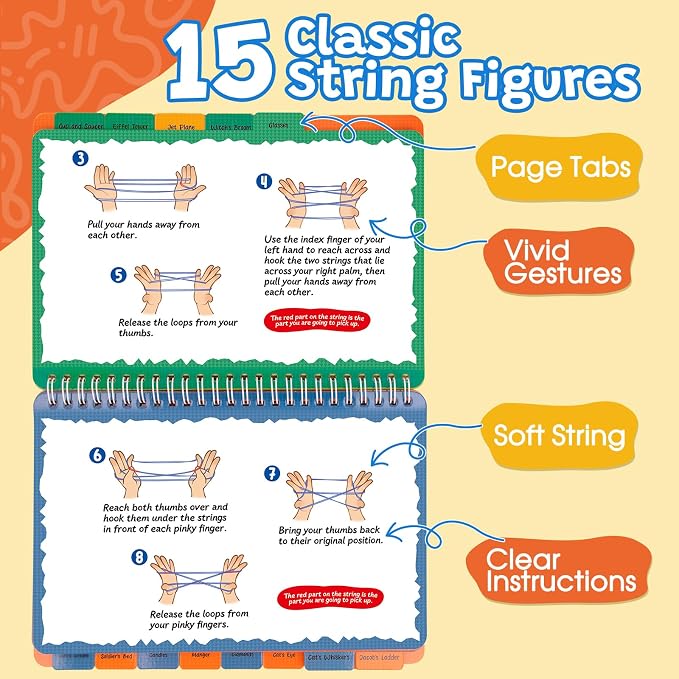 Kasfalci String Game Book Kit - Gifts for 8 9 10 11 12 Year Old Girl - Classic Finger String Figures Toy - Travel Toys for Boys Girls Ages 6-12