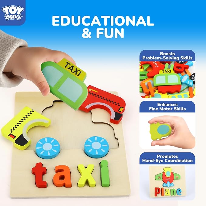 TOY Life Toddler Puzzles Ages 2-4, 4 Vehicles with Spelling Wooden Puzzles for Toddlers 3-5, Montessori Toys Gifts for 1 2 3 Years Old Boys Girls, Christmas Birthday Gifts Learning Toys for Kids