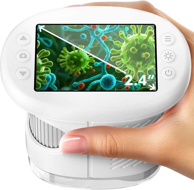 Odatay 4K 1000X Digital Microscope for Kids with 32G Card, Long Distance Viewing & 2.4" Screen Portable Handheld Edu Toys for Age 3-12 Exploring Bugs Plants at Home Classroom & Outdoor Travel, White