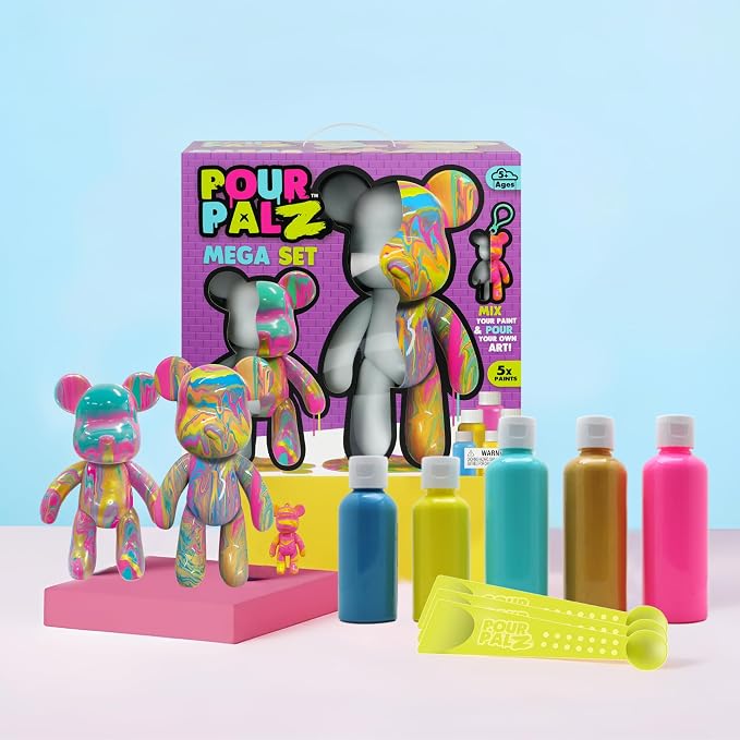 Pour Palz DIY Paint Pouring Kit, Create Custom Art with XL & Standard & Keychain Figure, 5 Acrylic Pour Paints -Fun Creative Hobby for Kids & Adults, Unique Collectible Craft Set, Mega Pack, Ages 5+