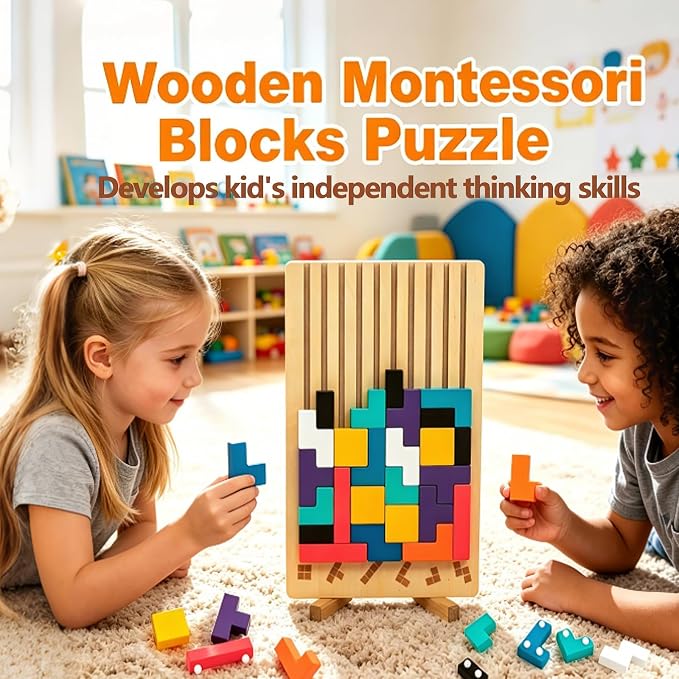 Montessori Brain Blocks Kids Wooden Stacking Toys 3D Tetris Puzzles | 42 PCS Colored 3D Russian Block Puzzle with Cards & Bag, Educational Montessori Toys Jigsaw Stack Game Board for 3-8 Year Old