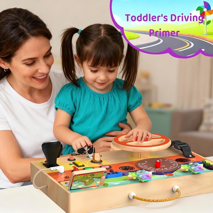 UdoUto Montessori Wooden Busy Board with Steering Wheel & Driving Toys | Sensory Activity Boards for Toddlers 1-3, Car Themed Fidget Toy, Lights, Switches & Windmill Spinner