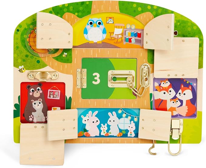 Battat Education – Wooden Latches Board Sensory Activity Toy for Toddlers, Montessori Doors and Locks Busy Board for Fine Motor Skills Development, Educational Toys for 3+ Years | Knock-Knock, Who's Inside? with 5 numbered doors, 2 spinning panels, and...