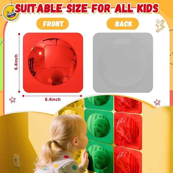 Geiserailie 9 Pcs Sensory Wall Bubble Mirrors, 6 x 6 Inch, CPC Certified | Colorful Acrylic Convex Mirrors, Sensory Room must haves, Classroom Learning Tool, Calming Corner, Preschool Daycare Activity
