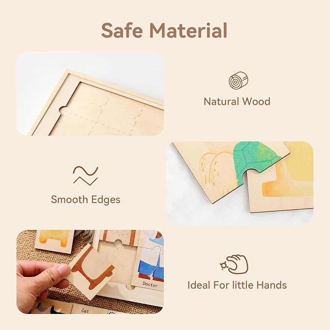 Wooden Animal & Career Matching Puzzles for Ages 3+, Chunky Pieces with Storage Box, Montessori Preschool Learning Toy for Fine Motor & Vocabulary, Birthday
