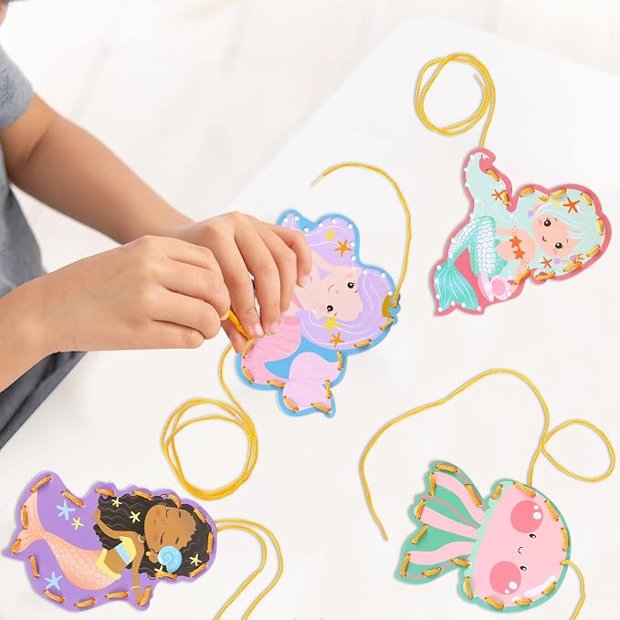 10 Pcs Kids Lacing Cards Double Sided Animal Sewing Cards Kits 10 Styles Lacing Toy Crafts for Toddler Ages 6+ Developing Imagination Preschool Learning Activity Supplies(Mermaid Style)