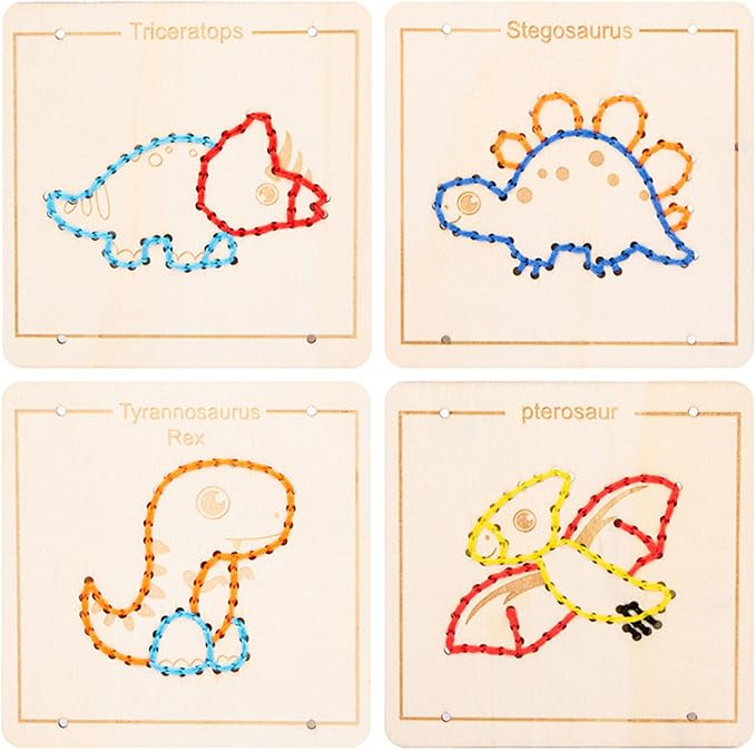 Wooden Lacing Sewing Cards Kit, Fine Motor Montessori Handcraft Educational Toy for Kids,Dinosaurs