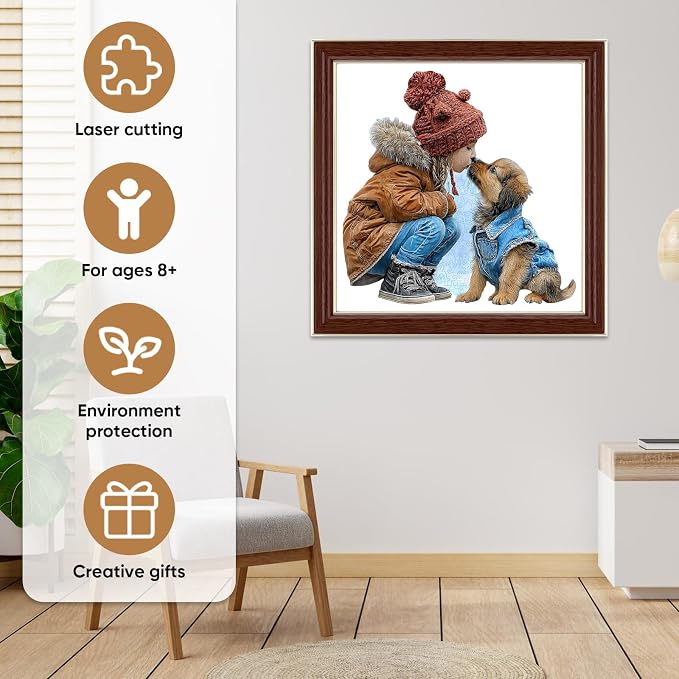 MEATRN Wooden Puzzles for Adults, Animal Wood Jigsaw Puzzles, 216 Pcs | Cute Little Girl Kissing Puppy, Heartwarming Parent-Child Game, Birthday Gift for Kids Home Decor, 11.4x11.4 in