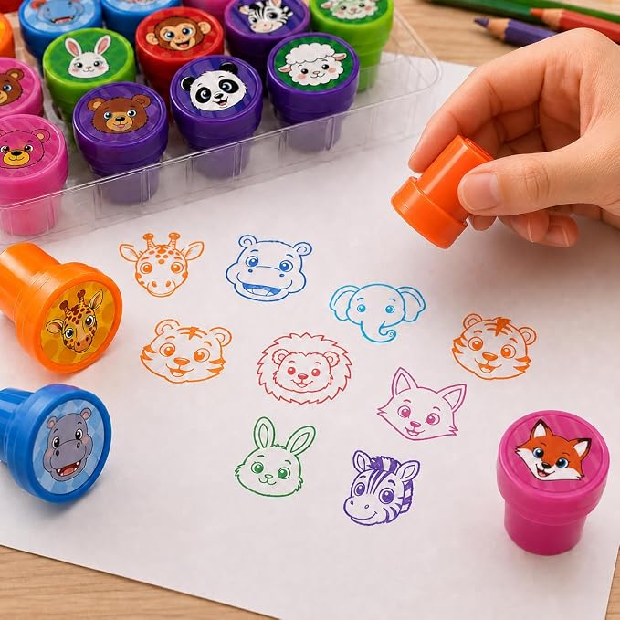 Cinrobiye 24 Pcs Animal Stampers for Kids, Pre-Inked Safari Zoo Party Favor Set, Animal Theme Birthday Party Supplies, Classroom Rewards, Goody Bags, Piñata Fillers