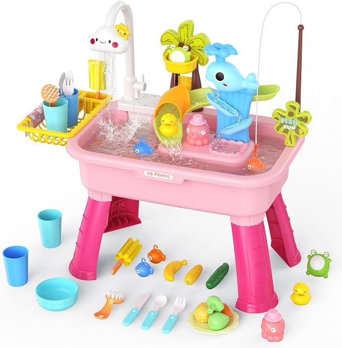 2026 Upgraded Water Table for Toddlers 1-3 - Outdoor Toys for Kids Ages 4-8 with Pump, Summer Outside Sensory Activity Pool Toys, Kitchen Play Sink Toy with Running Water, Fishing Toy, Pink