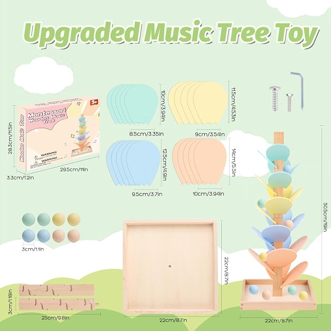 Marble Run Wooden Ball Drop Toys Toddlers 3-5 (Height: 19.9in) (1.1" Balls) | Wood Music Tree for 4-8 Toddlers Musical Game Montessori Toys Learning Color Sorting Sensory Toys for Boys Girls 8-12 Gift