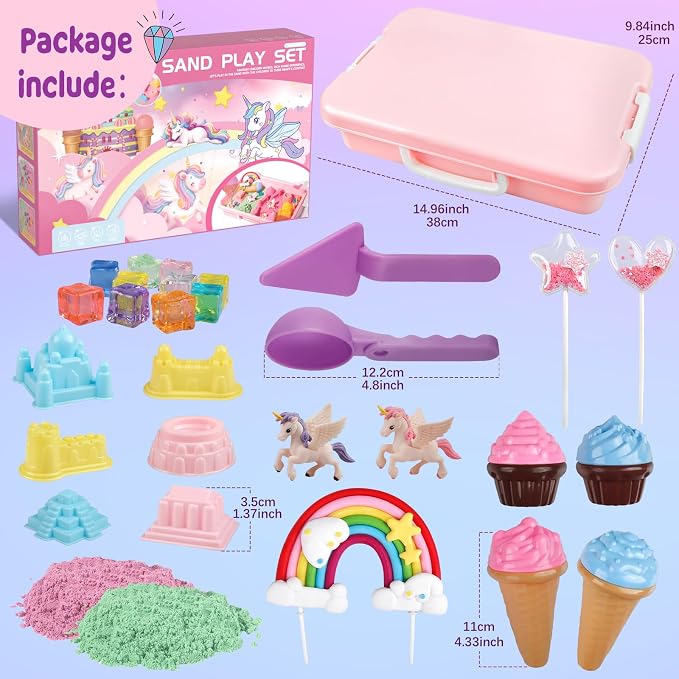 Weilim Unicorn Sensory Bin for Girls, Moldable Play Sand Kit Ages 3-8 | Non-Drying Moldable Sand, 2.3 lbs/2 Colors; 30-PC Kit: Molds, Tools, Wand, Lidded Bin; Won't Stick to Carpet, Easy Cleanup