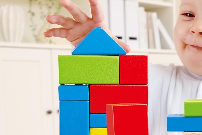 Hape Maple Wood Kids Building Blocks Stacking Wooden Block Educational Toy Set for Toddlers, 50 Brightly Colored Pieces in Assorted Shapes and Sizes