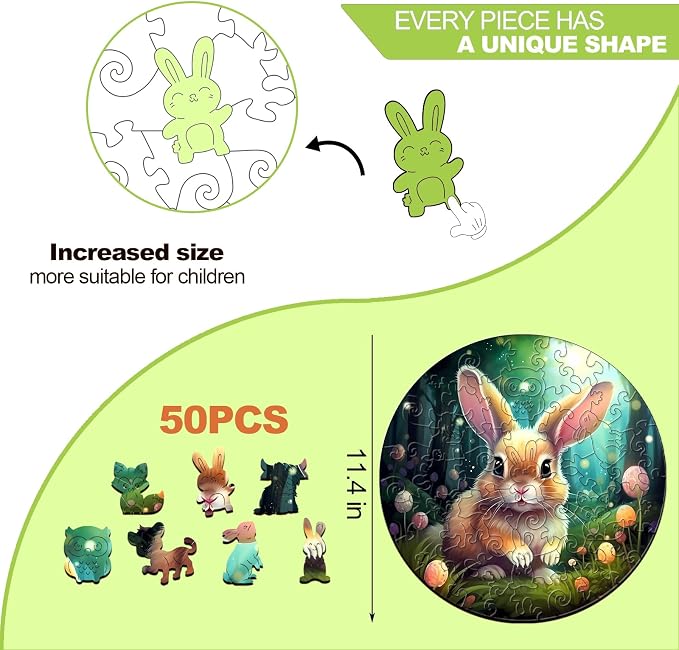 Wooden Puzzles for Kids Ages 4-8, Cute Bunny Puzzle, Unique Animal Shaped Wooden Jigsaw Puzzles for Kid, 50 Pieces Puzzles for Kids(50pcs,11.4 * 11.4in)