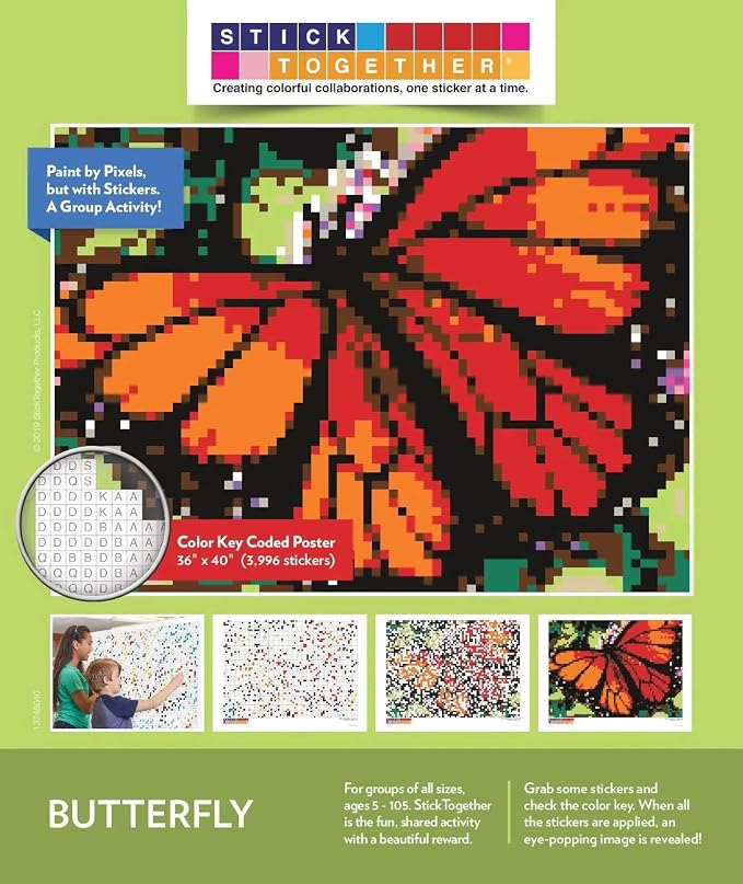 4 Pack Bundle Mosaic Sticker Art for Kids and Adults Includes Hot Air Balloon, Tiger, Butterfly and Sunflowers Posters, Large Sticker by Number/Letter Posters 36" x 40" with 3,996 Stickers