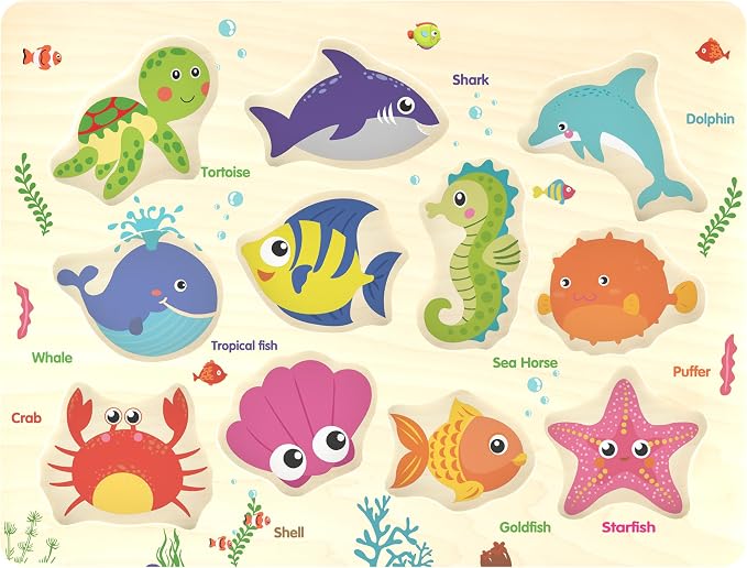 Wooden Peg Puzzle, Sea Creature Chunky Baby Puzzles, Colorful Wood Shape Puzzle Peg Board, Animal Knob Puzzles for Educational Toddlers 18 Months and Up, 11 Pieces
