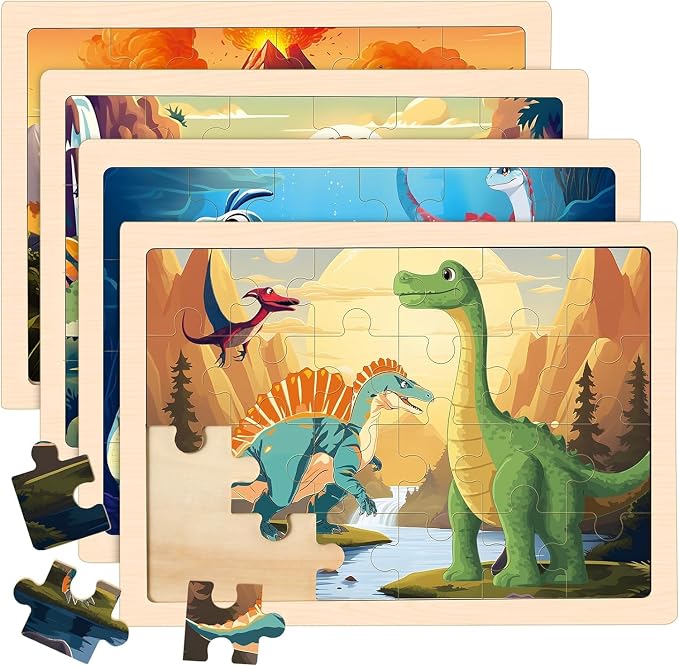 Wooden Puzzles Dinosaur Toys for Kids Ages 3-5, 4 Packs Jigsaw Dino Puzzles for Kids Ages 4-6, Educational Boards Game Gifts for 3 4 5 6 Boys Girls