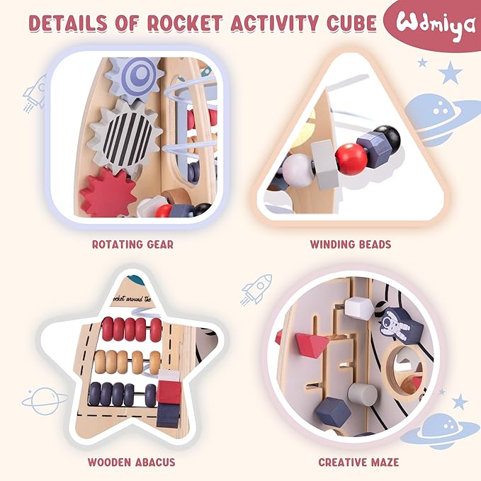 Wdmiya Space Wood Activity Cube Toy for Baby, Montessoritoys for 1 Year Old | Boy & Girl Birthday Gifts, Sensory and Educational 1st Birthday Gifts, Busy Board Toys for Baby Boy 6-18 Months (Rocket)