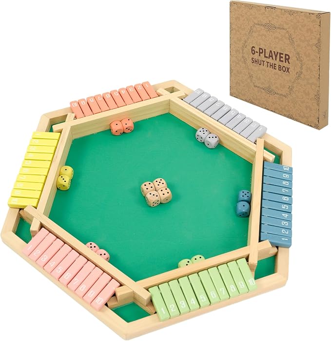 WOOD CITY Shut The Box Game Wooden for 6 Players, Close The Box Math Game for Kids Adults with 16 Dice, 6 Way Tabletop Quick Board Game for Family 3+ Years Old in Party or Pub，Morandi Color