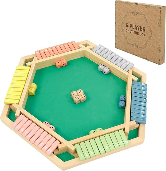 WOOD CITY Shut The Box Game Wooden for 6 Players, Close The Box Math Game for Kids Adults with 16 Dice, 6 Way Tabletop Quick Board Game for Family 3+ Years Old in Party or Pub，Morandi Color