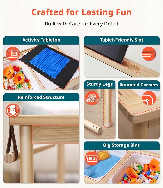 Sensory Table for Toddler, with 2 Foldable Storage Bins, Double-Sided Lids | Premium Pine Wood, Indoor/Outdoor Kids Play Sand and Water Table, Birthday Gifts for Boys and Girls