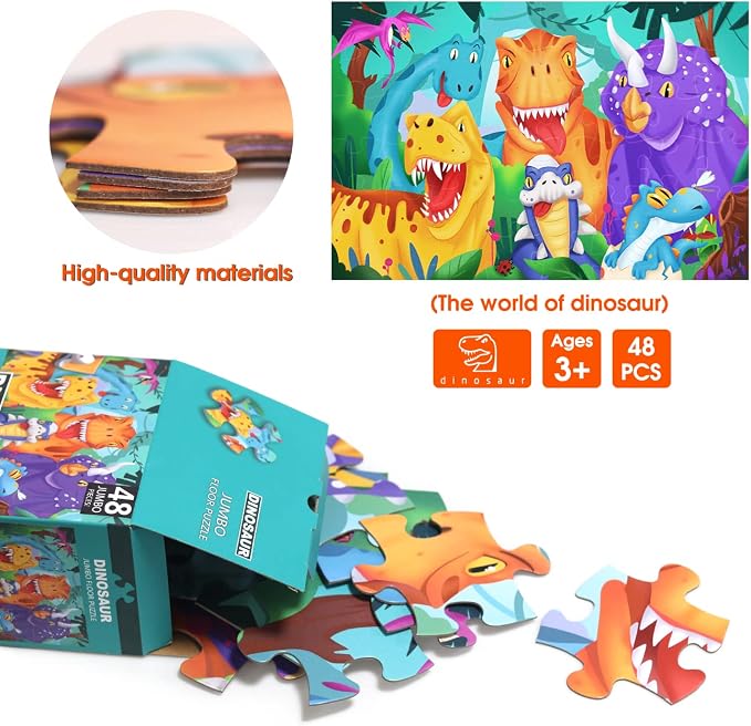 Jumbo Floor Puzzle for Kids,48 Piece Dinosaur Jigsaw Puzzle Ages 3-8 | Large Puzzle,Extra-thick Cardboard,Preschool Learning Toy,35x24 in Completed,Ages 3-8,Birthday Gift for Boys and Girls