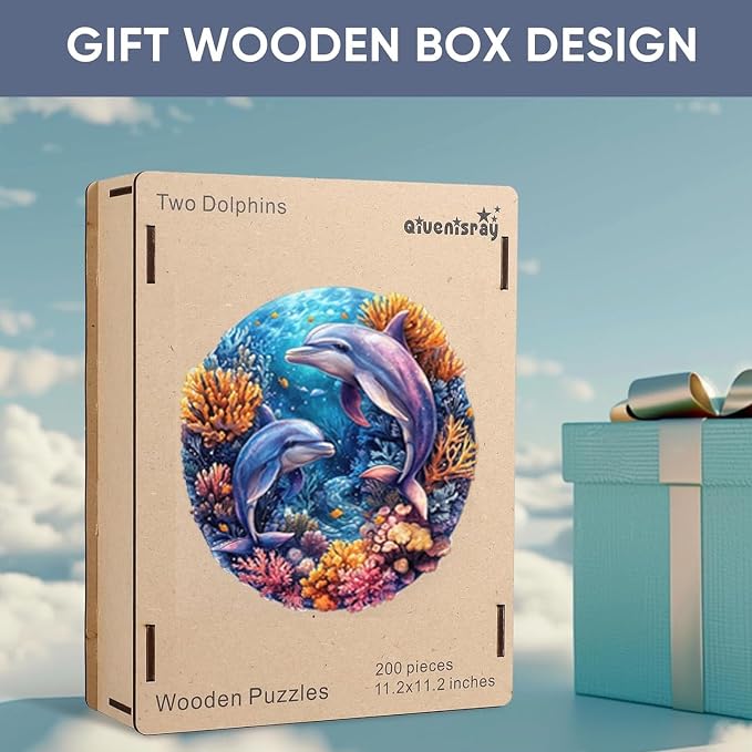 Qiuenisray Wooden Puzzles for Adults, Dolphins Jigsaw Puzzles 200 Pieces | FSC Certified Unique Shape Ocean Puzzles 11.2x11.2 in, Beautiful Decor, Unique Wood Puzzle, Creative Gift for Family Game
