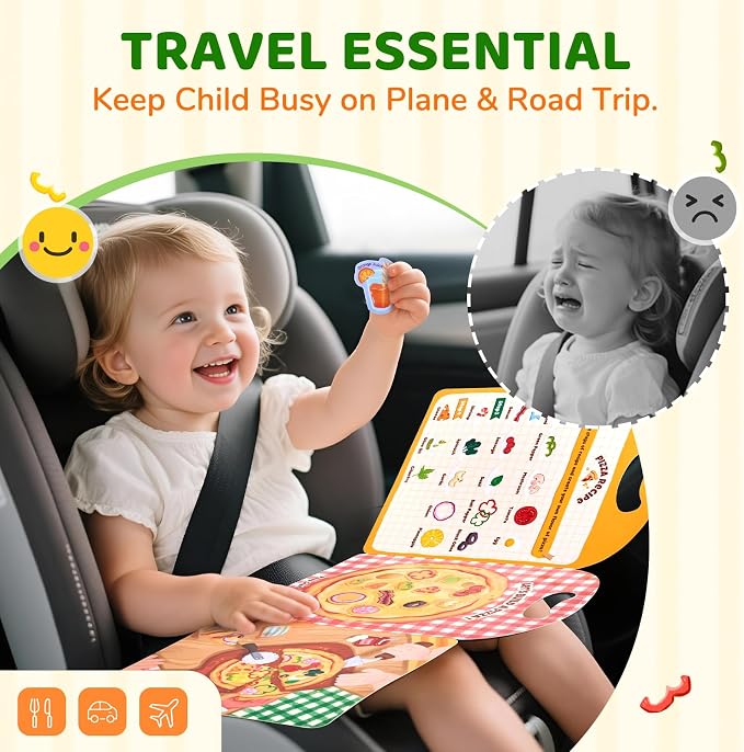 JoyCat Reusable Pizza-Making Sticker Book, Travel Toys for Toddlers & Kids | Washable stickers, kids car activities, airplane toy, road trip fun, toddler activity, birthday gifts for boys and girls