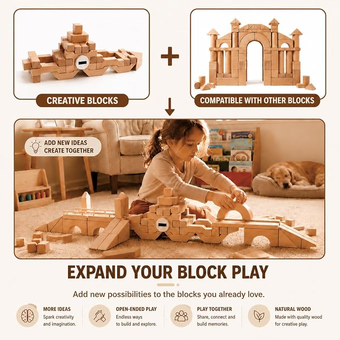 Montessori Wooden Building Blocks for Kids 3-8, Extra Large 4.4" Beech Wood Stacking Blocks, 31 PCS Open-Ended Learning Toy, Natural Wooden Shape Blocks for Creative Building, Quiet Play