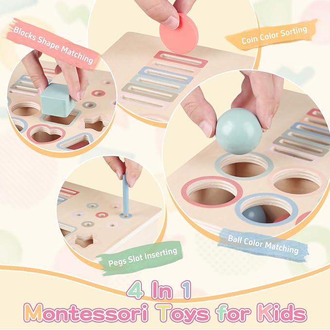 Pajojoqa Montessori Toys for 3 4 5 Color Sorting - Wooden Object Permanence Box with Drawer Sensory Toys Shape Sorter Education for Boy Girl Drop Busy Box 4 in 1
