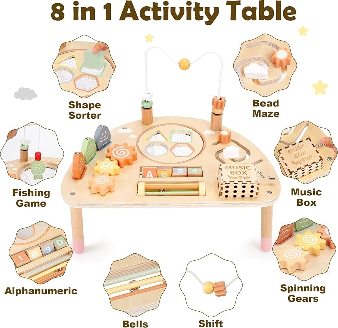 Vanplay 8 in 1 Wooden Activity Table, Montessori Toys for 2 Year Old Gift | Learning Activities with Bead Maze/Music Box/ Fishing Game, Fine Motor Skills, Christmas Birthday Gifts for Girl Boy