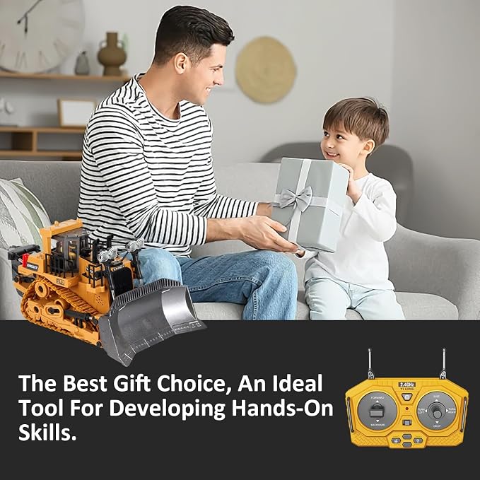 Remote-Controlled Bulldozer, a 9-Channel Toy Bulldozer, 2.4GHz, with Lights and Sound Effects, is The for Children Aged 6-11 and up