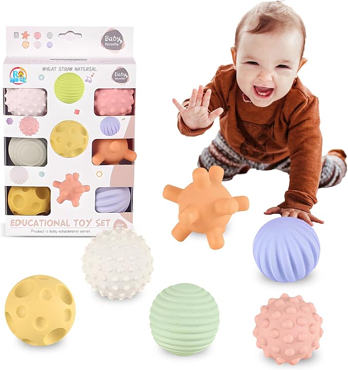 Sensory Balls for Babies - 6 Pack, Ball for Toddlers 1-3, Soft & Textured Montessori Baby Toys 6 to 12 Months, Wheat Straw Toddler Balls for Infant Development