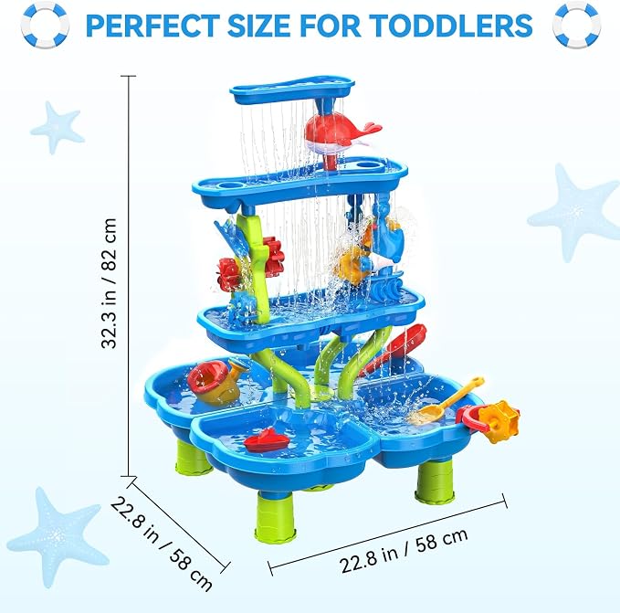 HeySplash Water Table for Toddlers 4-Tier with Toy Accessories | Kids Water and Sand Activity Sensory Playset, Sand Table Summer Splash Sensory Table for Outdoor Beach Backyard Garden, Blue