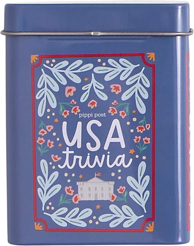 Pippi Post USA Trivia Card Game with Storage Tin, 50 History Quiz Cards | American History, Culture & Landmark Quiz Card Deck, Travel-Friendly Trivia Deck for Road Trips, Game Nights & Learning Fun
