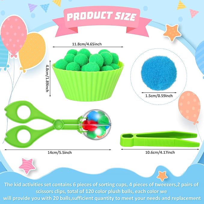 142 Pcs Kids Tweezers Fine Motor Sensory Bin Set, Bowls Tongs Plush Balls | Toddler Sorting Scooper, 12 Bowls, 8 Tongs, 2 Clips, 120 Balls, Spring Sensory Play