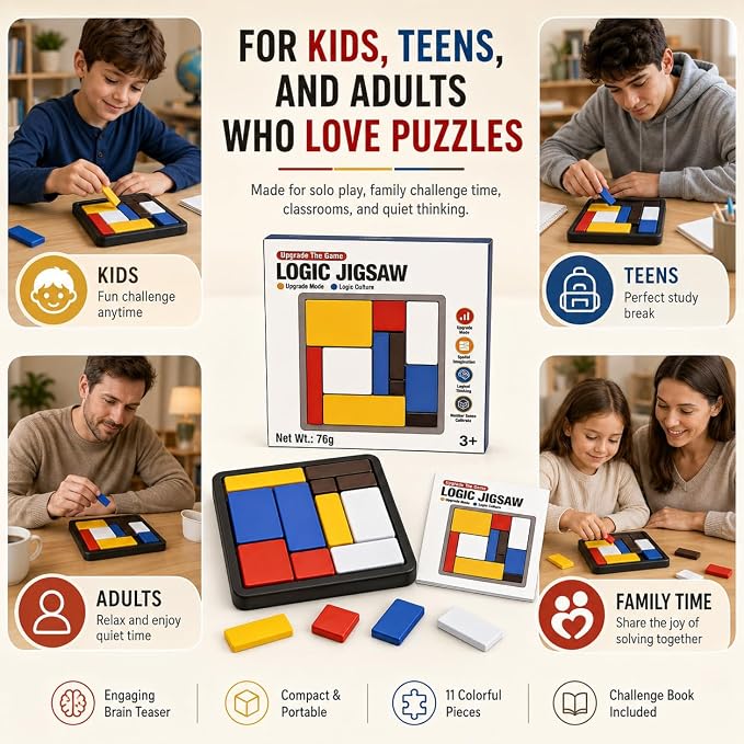 3 Pack Logic Puzzle Brain Teaser Game for Kids and Adults, 3 Complete Sets with 88 Challenges Each, 4 Difficulty Levels, Portable Travel Puzzle Set, Screen-Free Learning Brain Game by Sooshoom