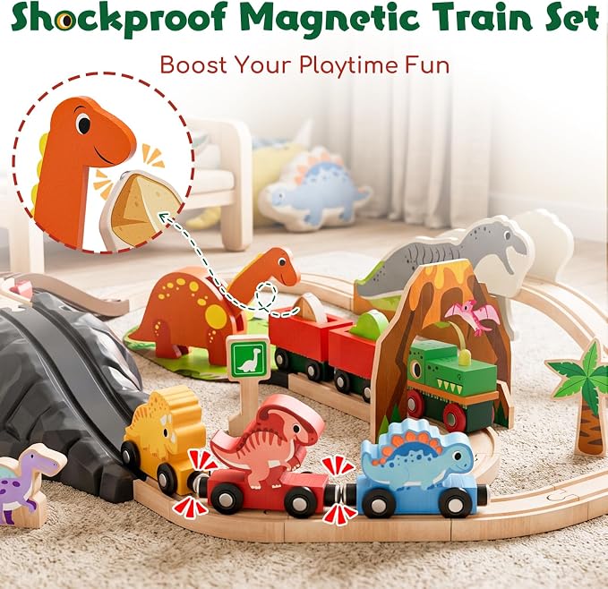 Lehoo Castle Dinosaur Wooden Train Set for Kids Ages 3-7 | Wooden Train Track Set with Dinosaur Crane, Compatible with Most Wooden Tracks, Birthday Gift for Boys and Girls