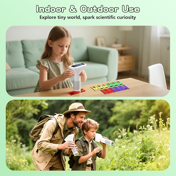 Odatay 1000X Digital Kids Microscope Kit with 12 Slides & 2" Screen, White | 1080P Imaging, Fit Ages 3-12, Standalone Pocket Science Edu Toys Gifts, Outdoor Backyard Bugs Exploring, Anti-drop Lanyard