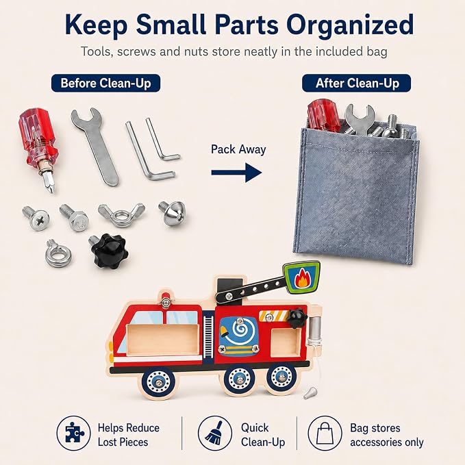 Wooden Fire Truck Screw Activity Board with Tools, Montessori-Inspired, 3+ | Removable screws and pieces for matching, turning and refitting, with storage bag for tidy pack-away