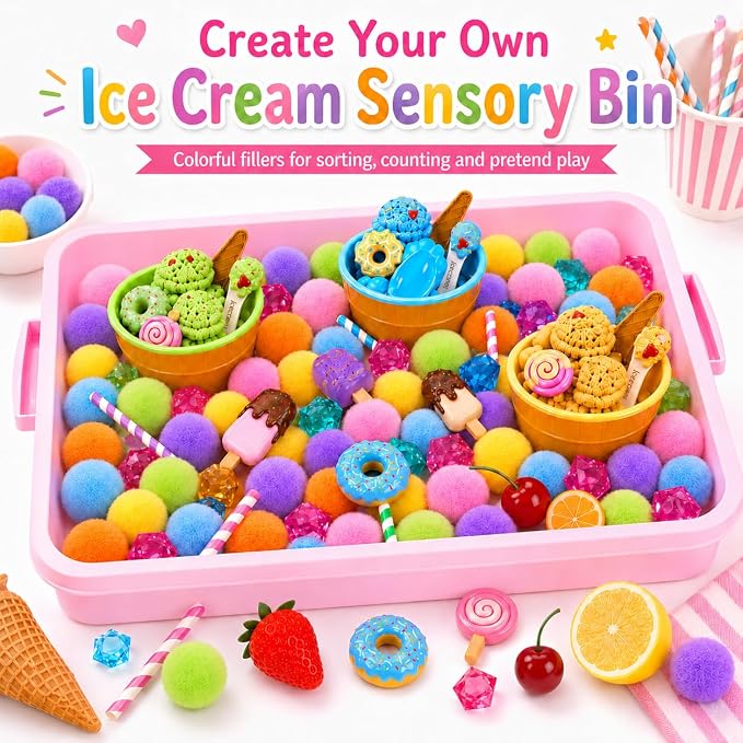 Cinrobiye 234 Pcs Ice Cream Sensory Bin Fillers Summer Sweet Treat Dessert Sensory Bin Items Filler Fine Set with Tools Storage Box Pompoms for School Home Activities Sorting Counting Decor