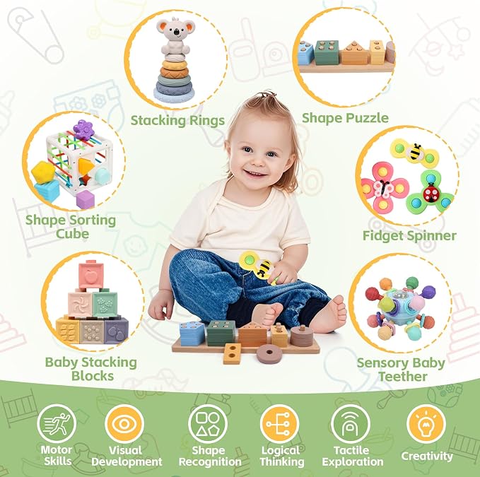 YHHYTOY 6-in-1 Montessori Baby Toys 0-6 6-12 Months, Infant Toys Baby Gifts | 4 5 6 Month Old Baby Toys, Soft Stacking Blocks Rings Shape Sorter Sensory Baby Suction Spinners, Baby Gifts for Girls Boys