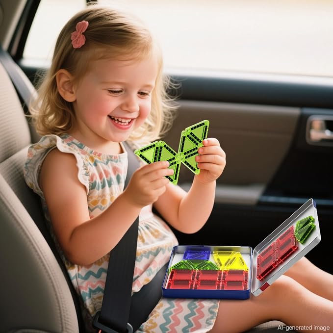 Mini Magnetic Tiles Travel Set 60 Mins Quiet Play 30s Cleanup | 26PCS Compact Magnetic Building Blocks for Kids Ages 3-8-Road Trip Essentials