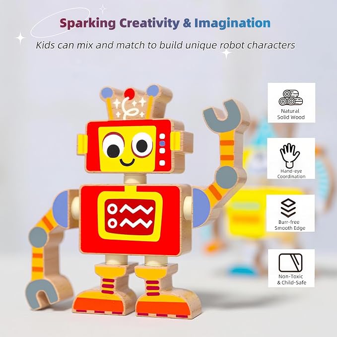Wooden Snap-Together Building Toys: STEM Building Blocks, Robot Take Apart Playset, Fine Motor Skill Montessori Snap Bots for Kids, Creative Boys & Girls Birthday Back to School Xmas Gift